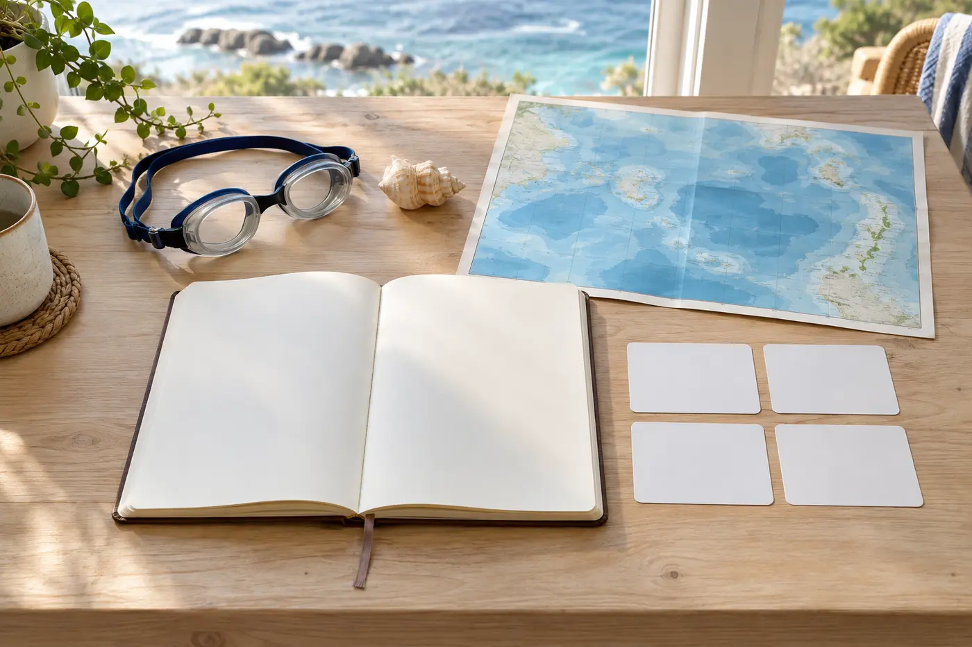 Blank journal beside an ocean map, swim goggles, a shell, and four blank clue cards
