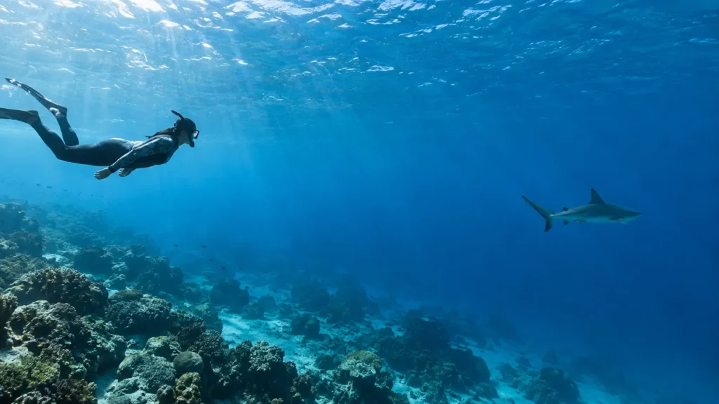 Snorkeler safely observing a shark from a clear-water distance