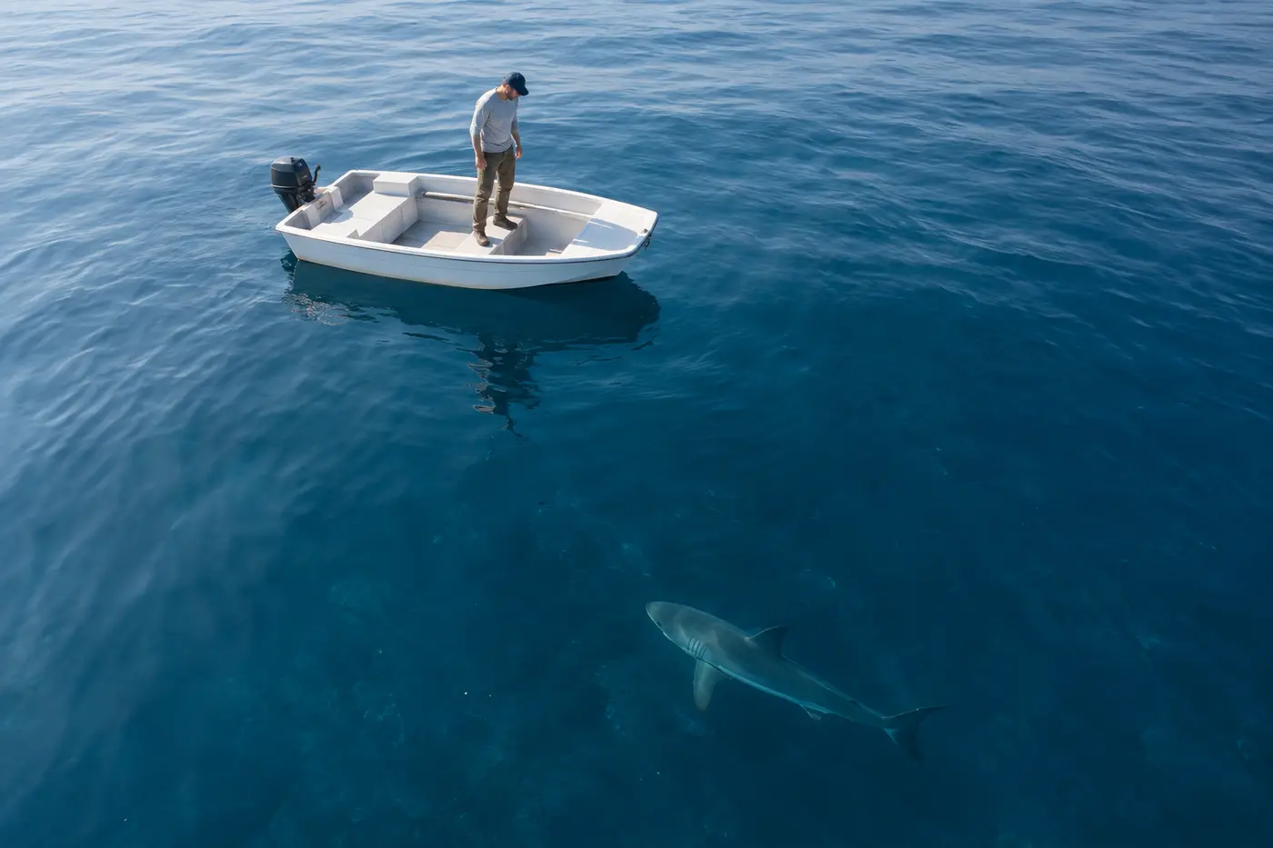 Person standing safely on a boat while a shark swims below in clear water