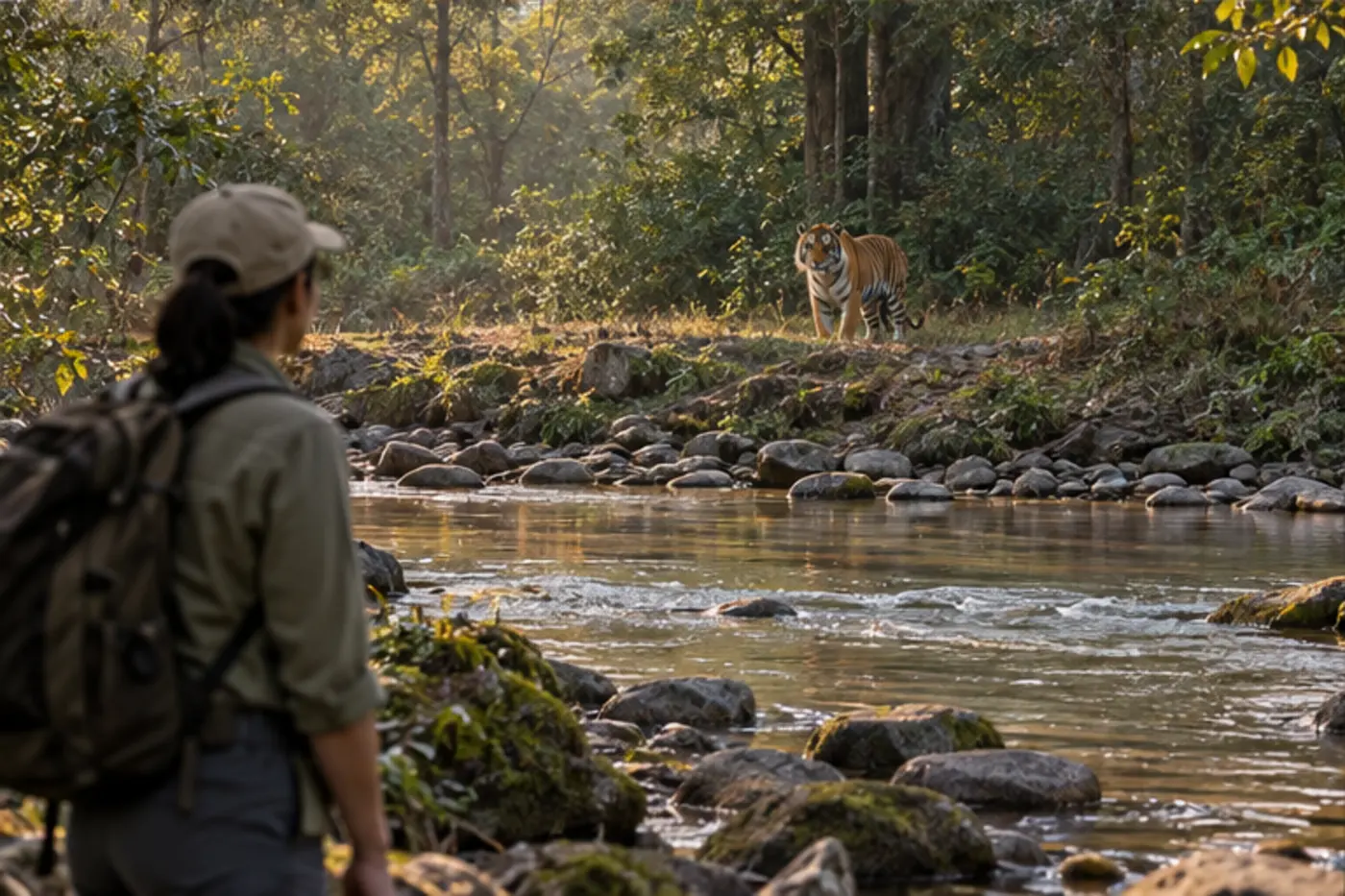 Tiger pausing beyond a stream while an observer stands on the opposite bank