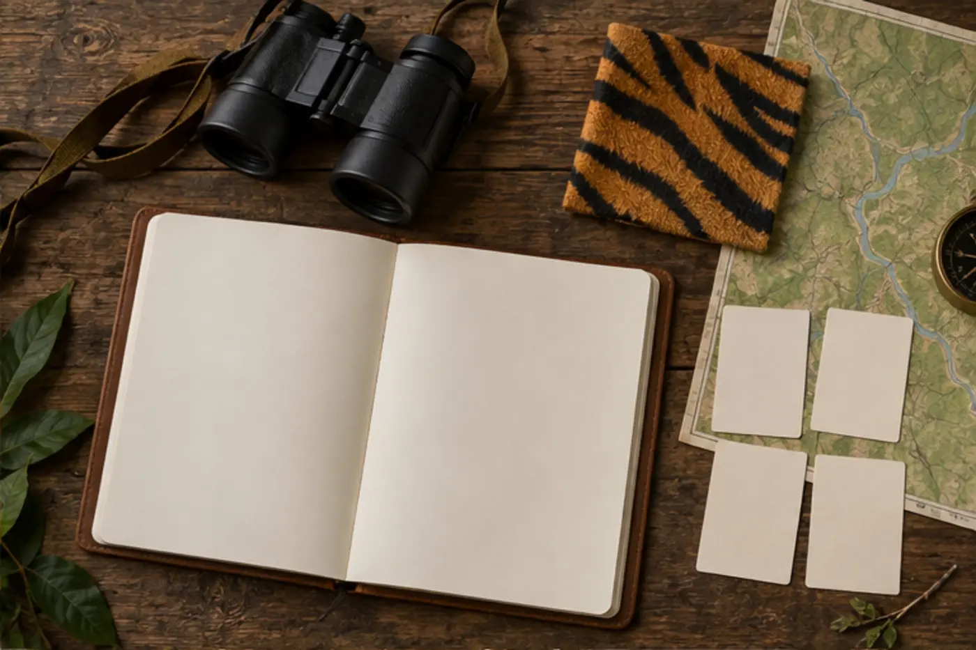 Blank journal beside a forest map, binoculars, a striped fabric swatch, and four clue cards