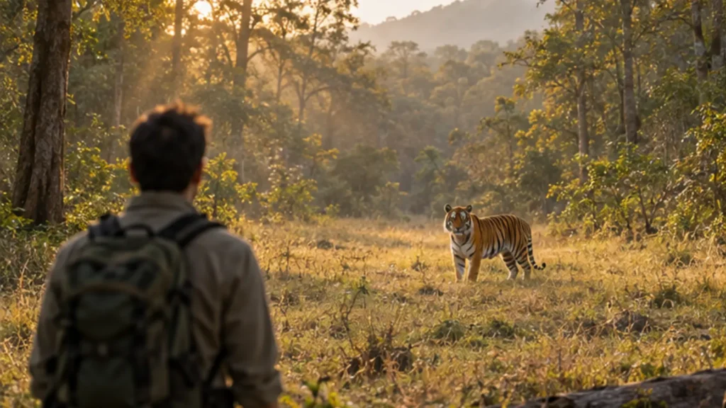 Traveler watching a tiger across a wide forest clearing in warm morning light