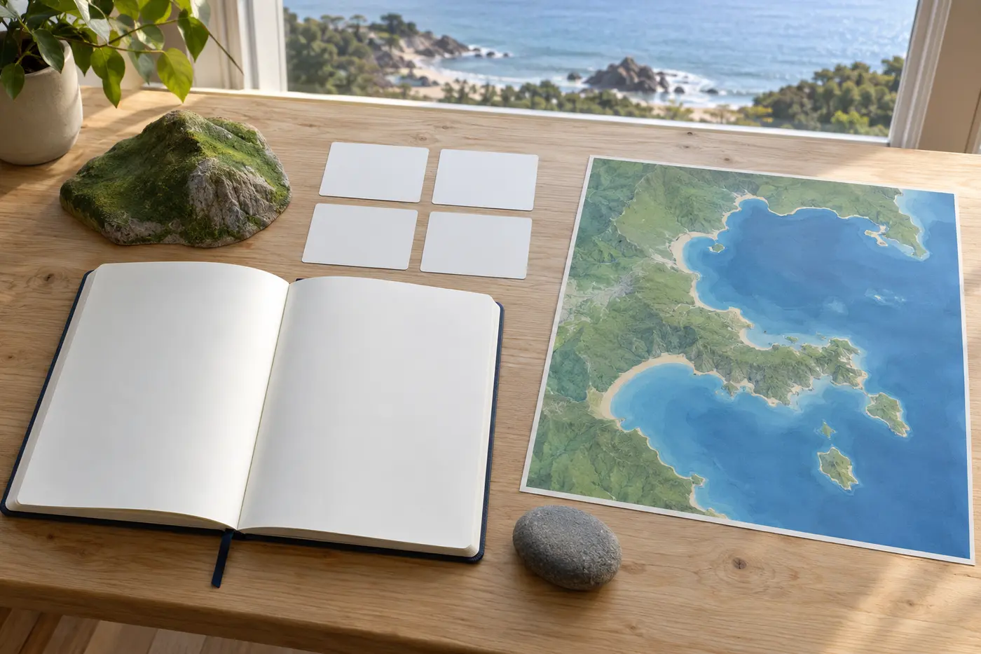Blank dream journal beside an unlabelled coastal map, a model hill, a stone, and four clue cards