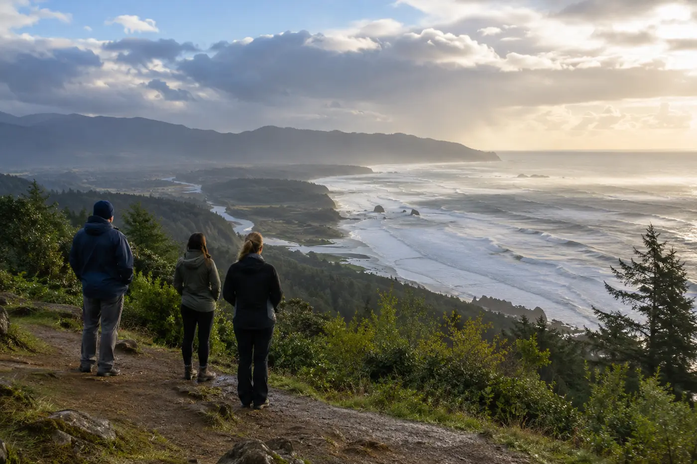 Three adults on safe high coastal ground looking at rough water under a clearing sky