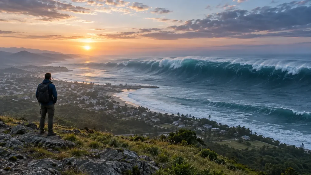 Adult on high coastal ground looking toward a distant ocean surge at dawn
