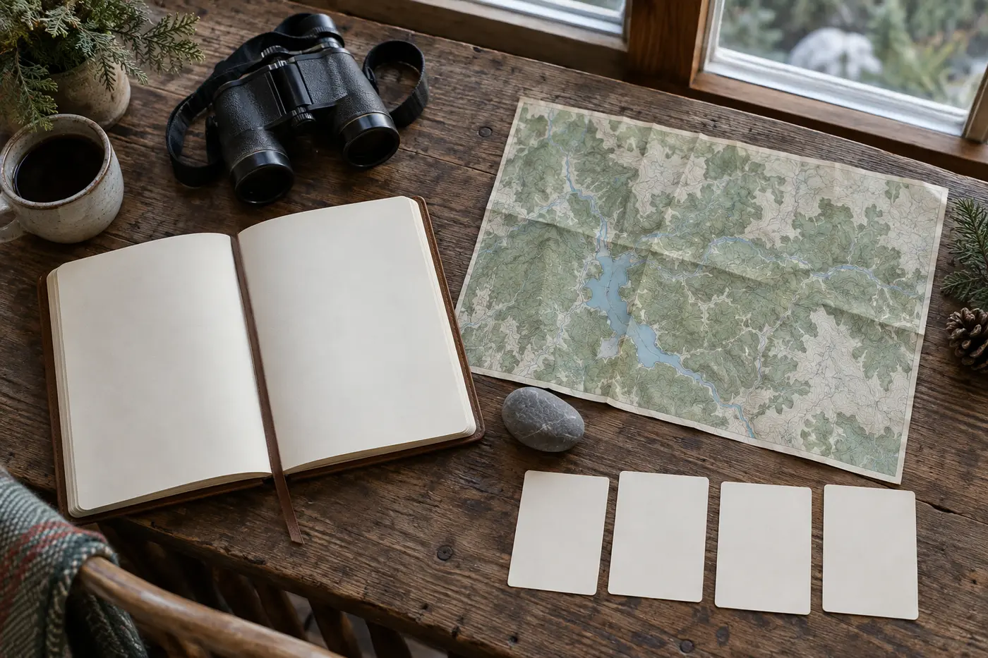 Blank journal beside a forest map, binoculars, a smooth stone, and four blank clue cards