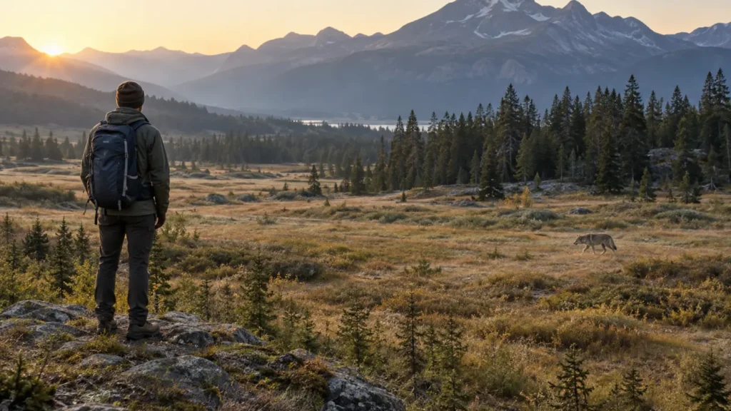 Hiker observing a wolf from a safe distance across a quiet valley at dawn