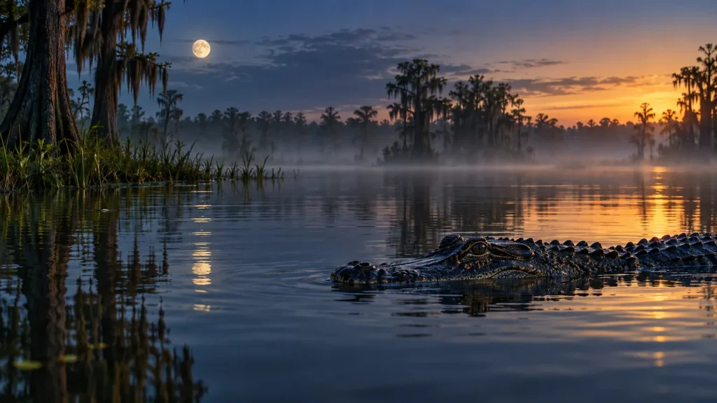 American alligator partly submerged in a quiet cypress wetland at dawn