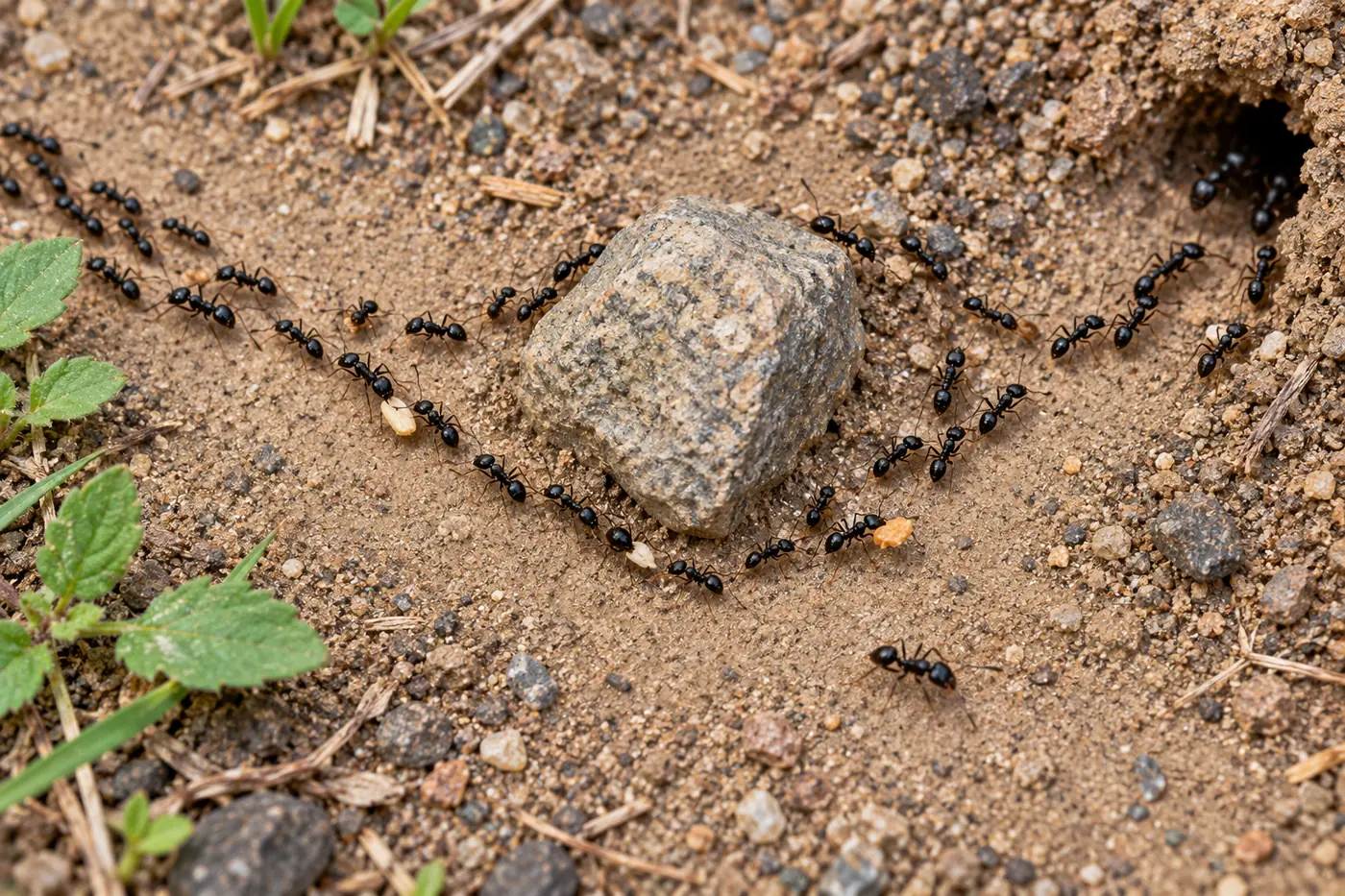 Black ants following branching trails around a stone near a nest entrance
