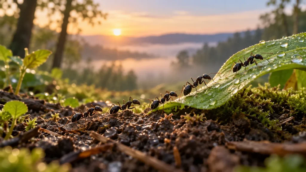 Black garden ants following a trail across a dew-covered leaf at sunrise