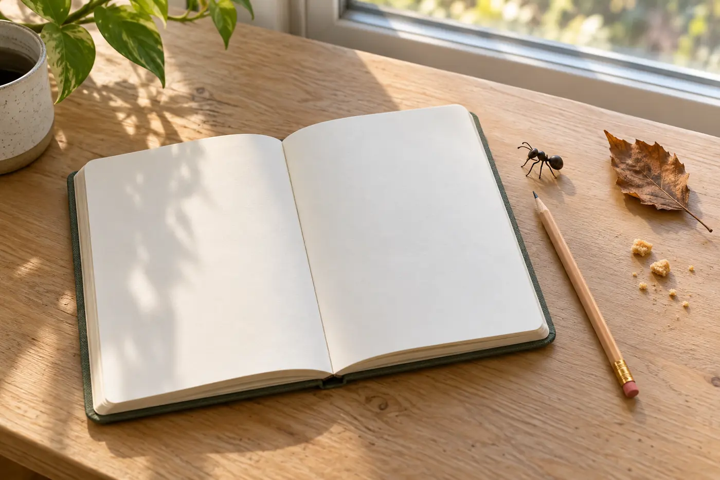 Blank dream journal beside an ant figurine, pencil, dry leaf, and crumbs