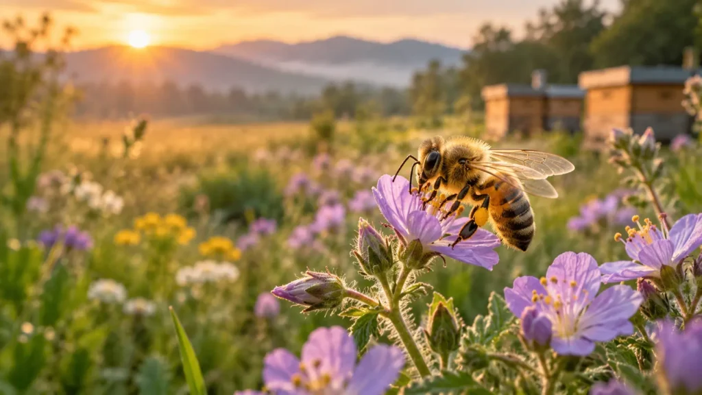 Honey bee collecting nectar from purple wildflowers at sunrise