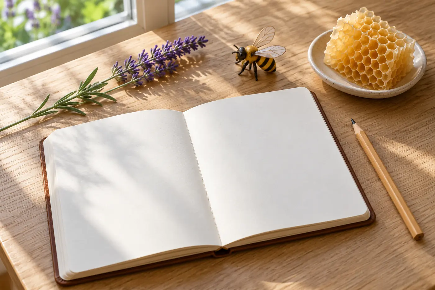 Blank dream journal beside a bee figurine, honeycomb, pencil, and lavender