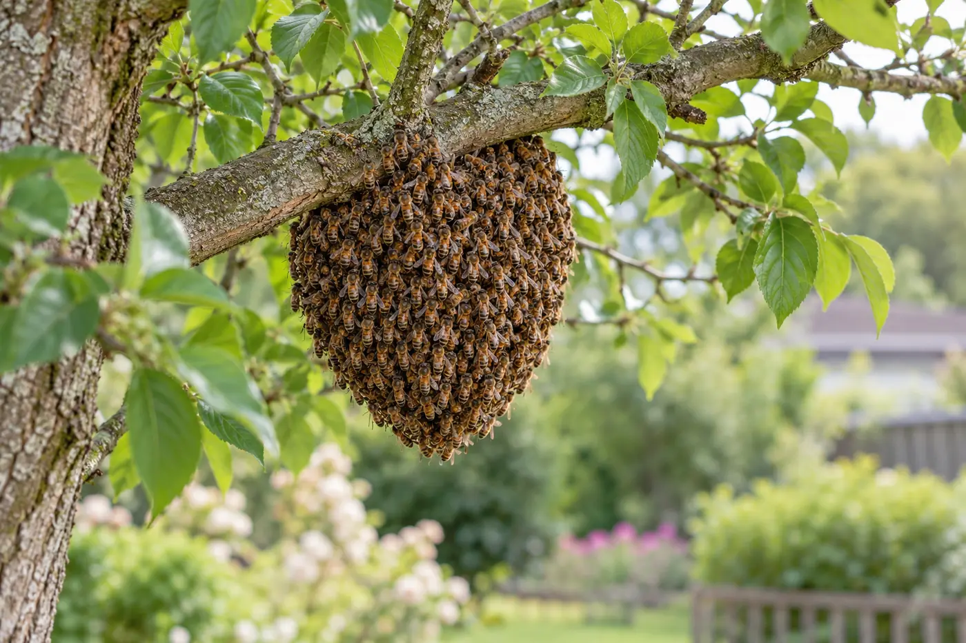 Honey bee swarm resting in a compact cluster on a tree branch