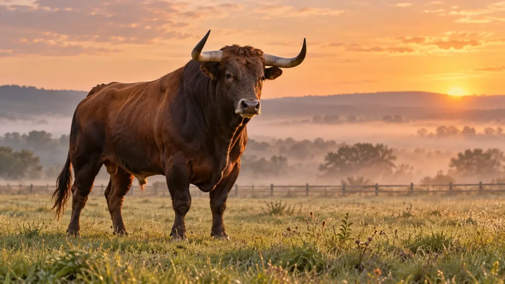 Adult brown bull standing alert in a misty meadow at sunrise