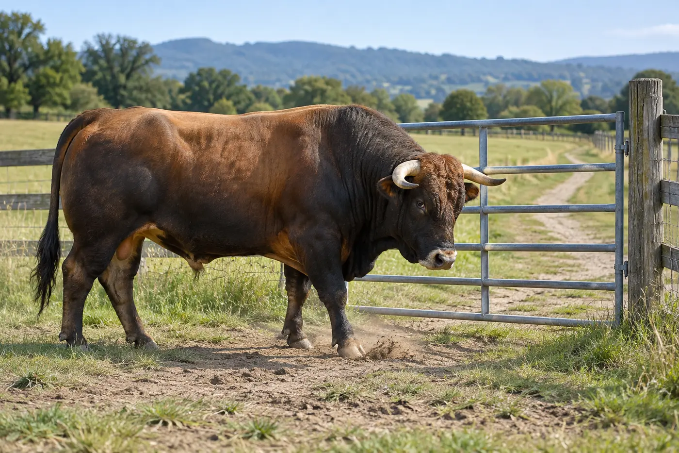Adult bull standing broadside beside a pasture gate with one hoof in disturbed soil