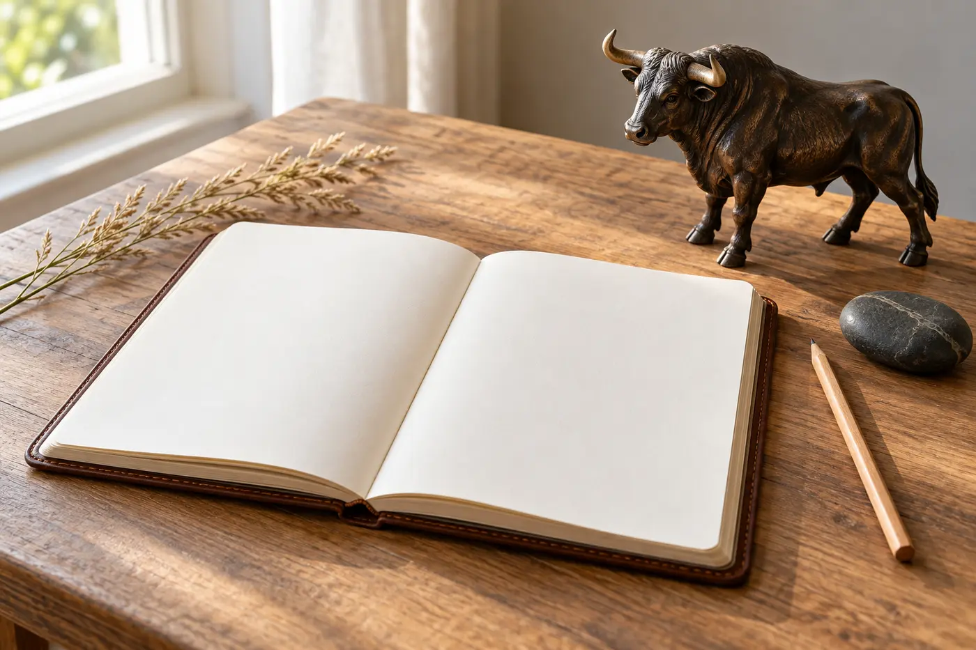 Blank dream journal beside a bull figurine, pencil, dark stone, and dry grass