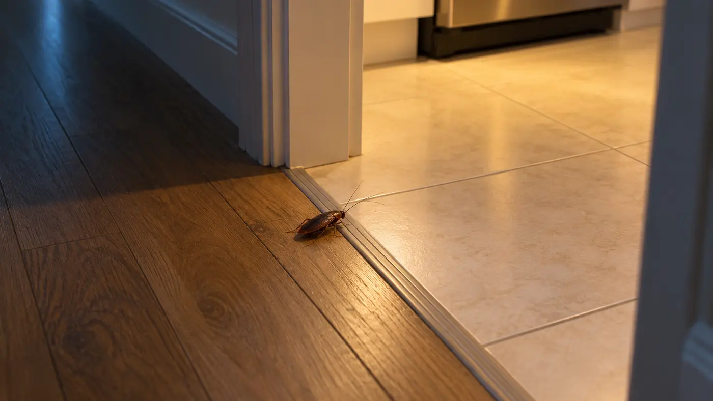 Cockroach at the threshold between a dark hallway and a lit kitchen