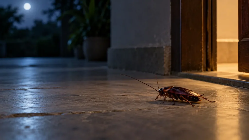 Single cockroach near a doorway on a stone floor at night