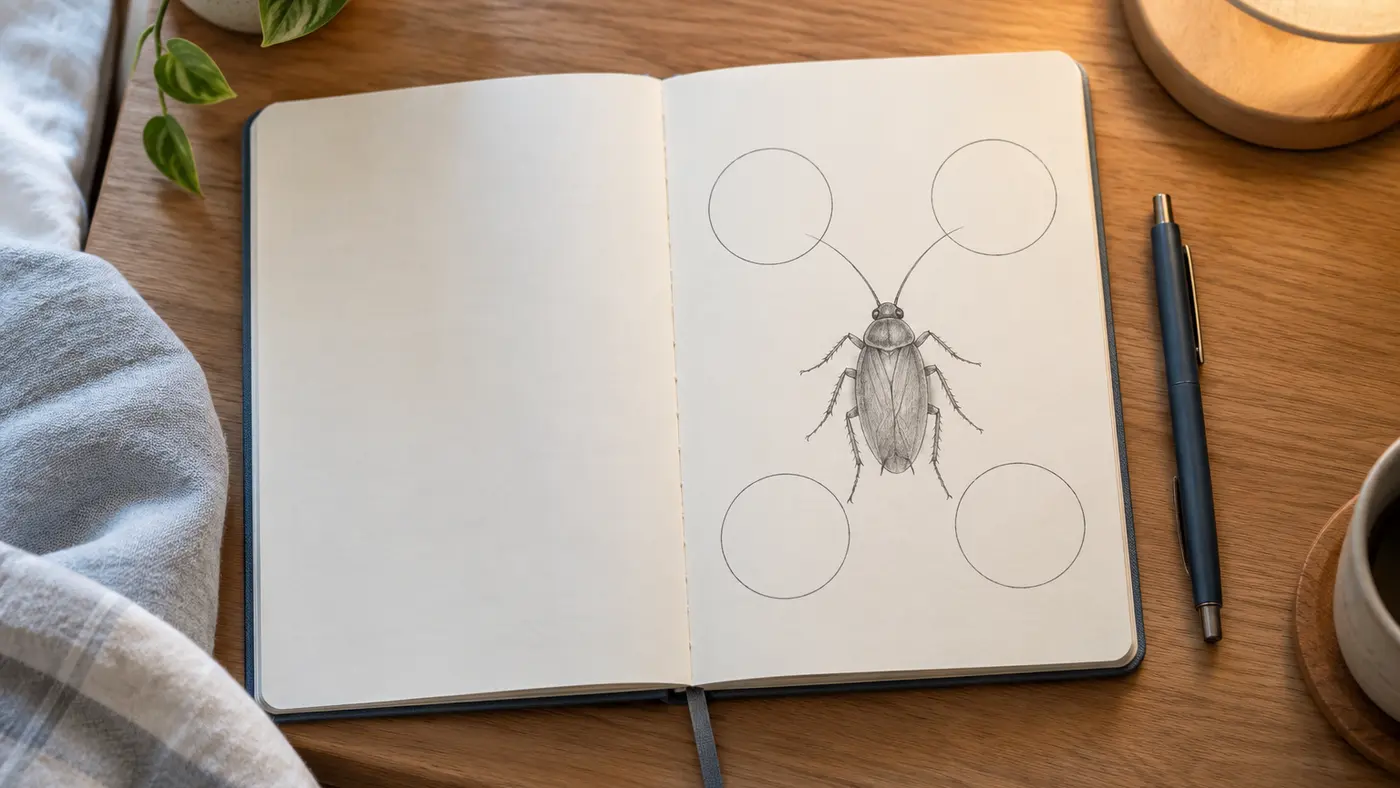 Open notebook with a cockroach sketch and four blank reflection circles