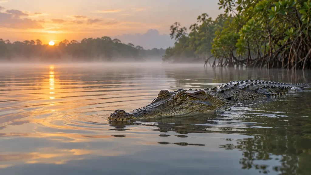 Crocodile partly submerged in calm mangrove water at sunrise