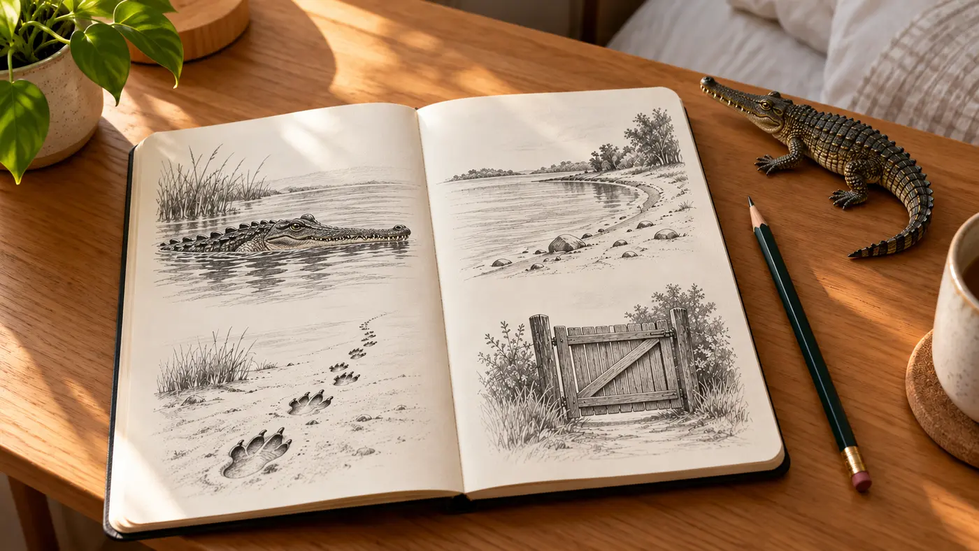 Open dream journal with crocodile, shoreline, tracks, and gate sketches