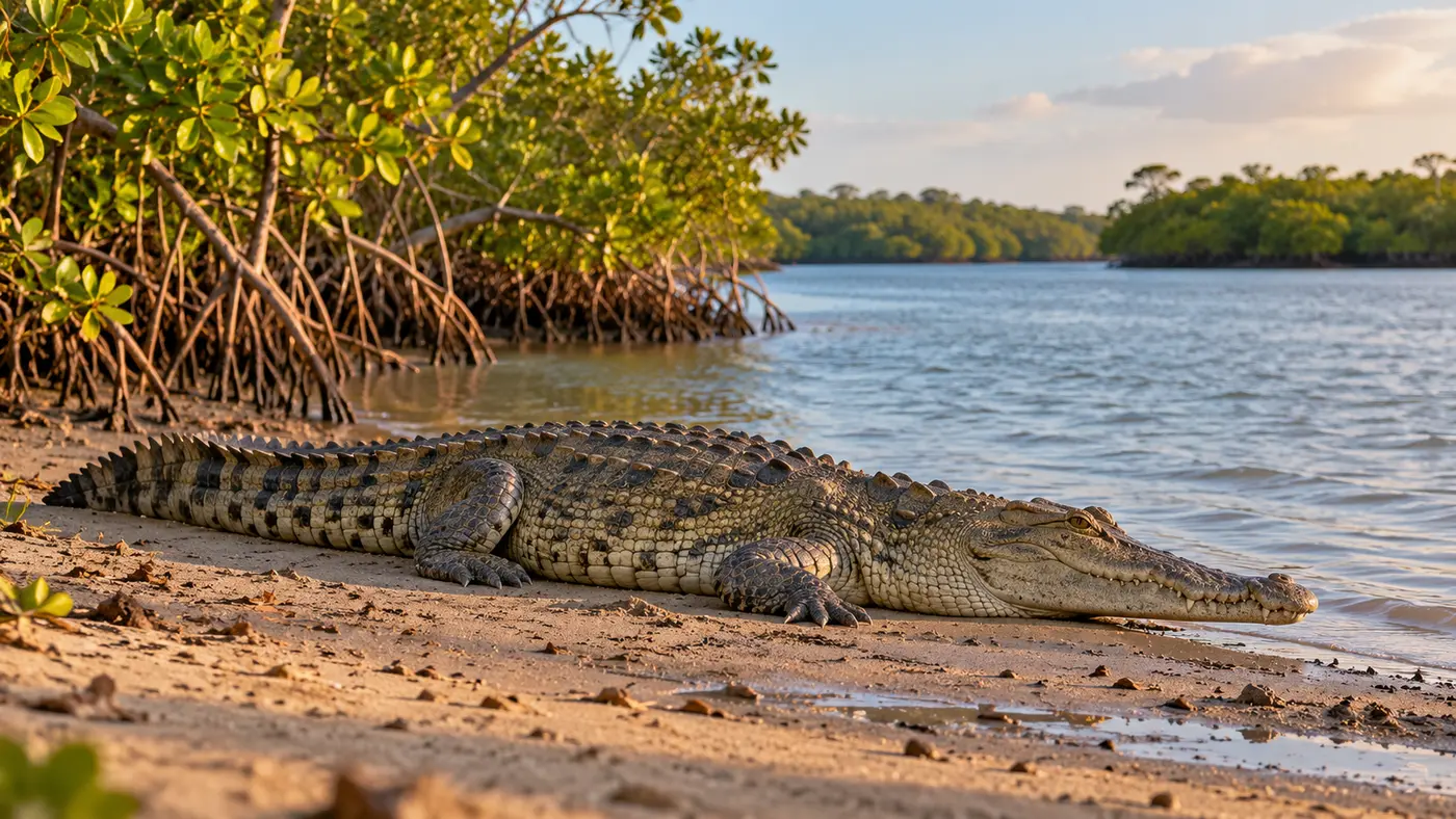 Crocodile resting on a sandy bank beside a mangrove river