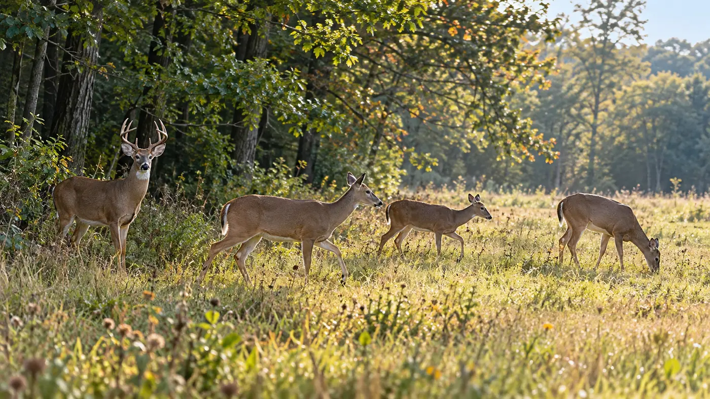 Small deer herd moving from shaded woods into a sunny clearing