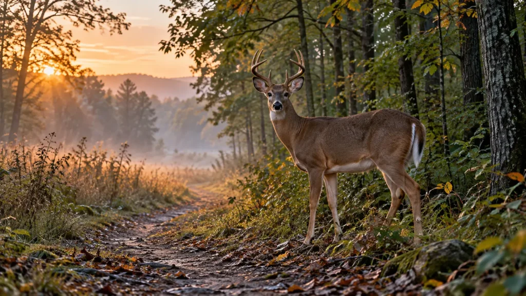 Alert white-tailed deer beside a woodland path at sunrise