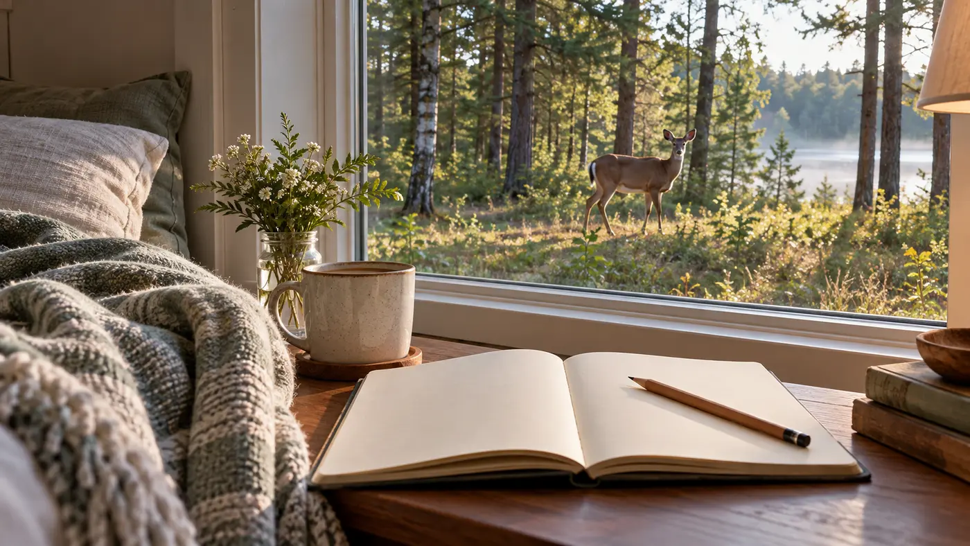 Blank dream journal by a window with a deer outside