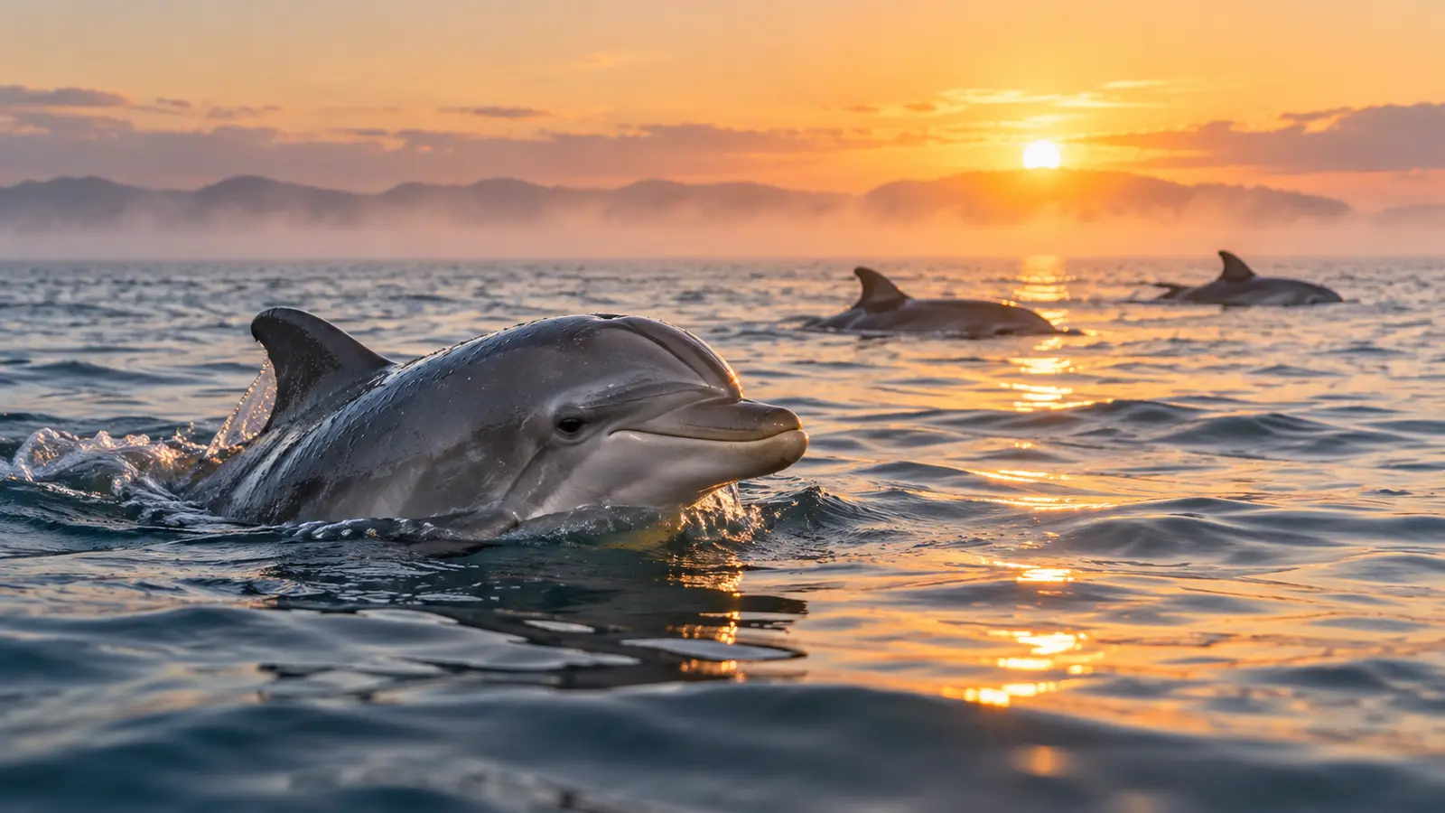 Bottlenose dolphin surfacing with two dolphins at sunrise