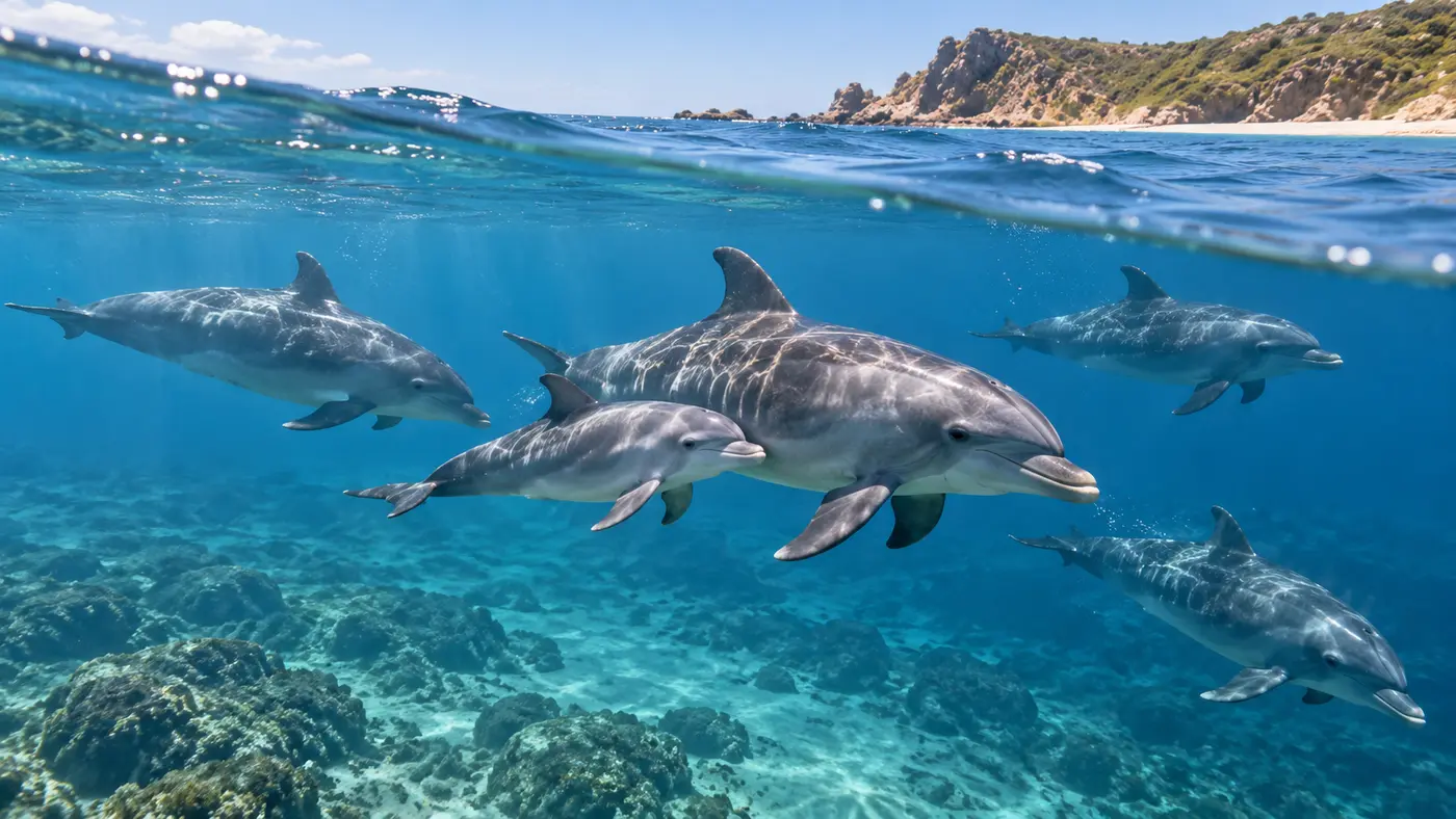 Pod of bottlenose dolphins swimming together in clear coastal water