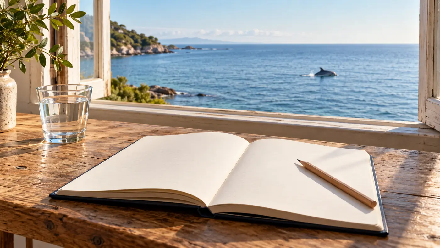 Blank dream journal by a coastal window with a dolphin offshore