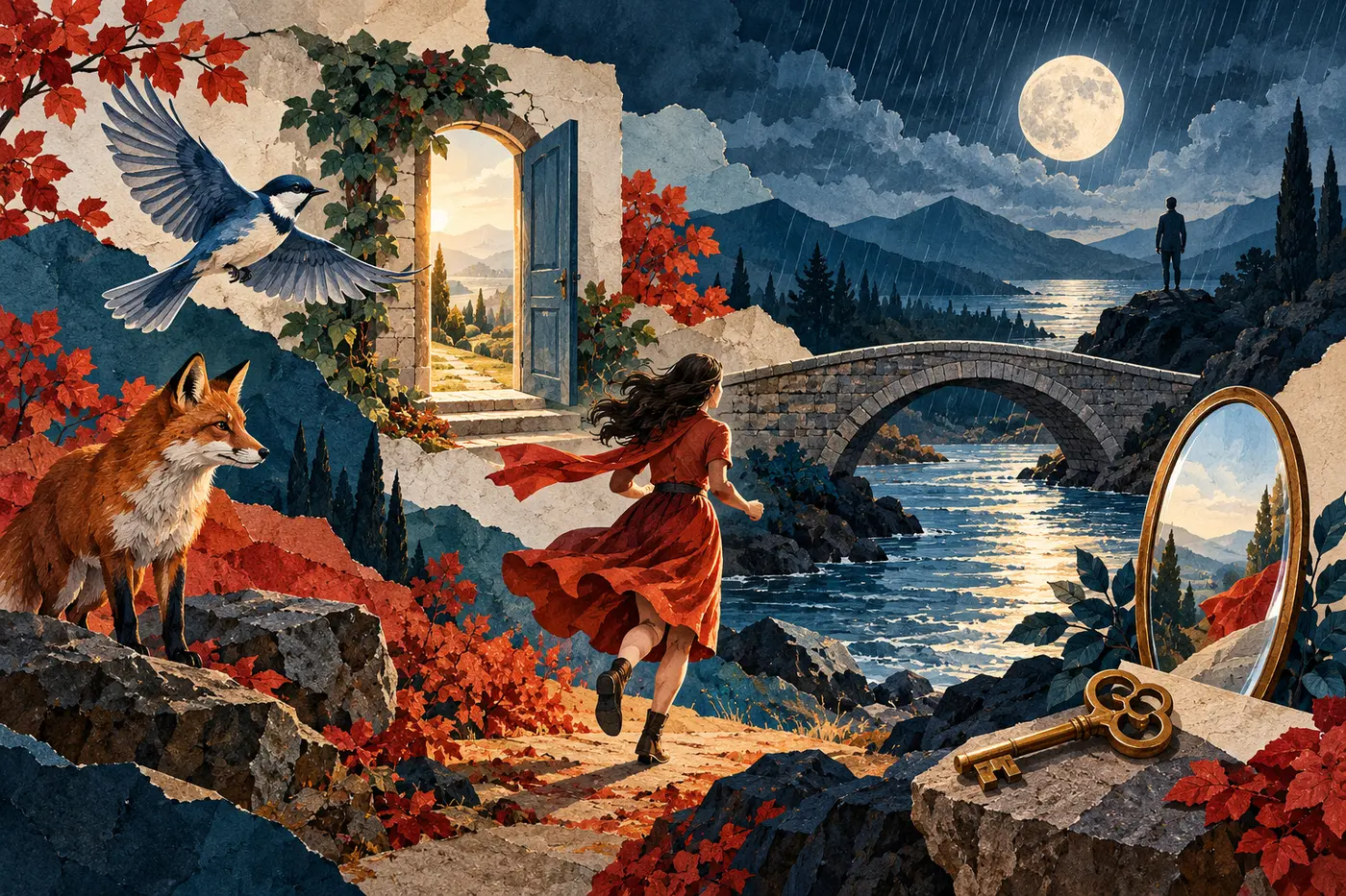 Illustrated dream symbols including a person, fox, bird, doorway, bridge, river, moon, mirror, and key