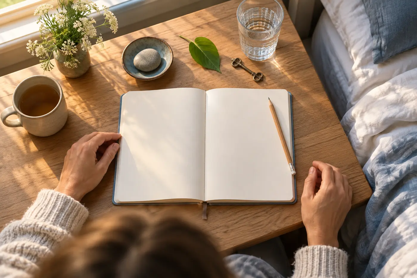 Blank dream journal beside a key, leaf, stone, and glass of water