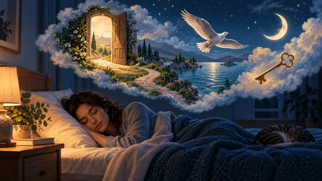 Sleeping woman beneath a dream scene with a door, path, bird, moon, water, and key