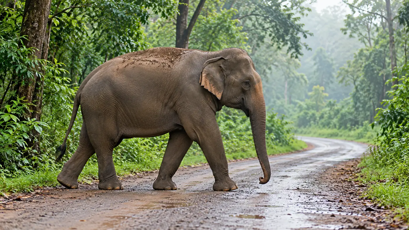 Asian elephant calmly crossing a narrow forest road