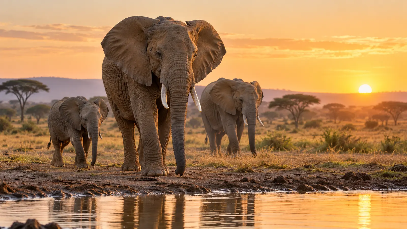 African elephant herd walking toward a waterhole at sunrise
