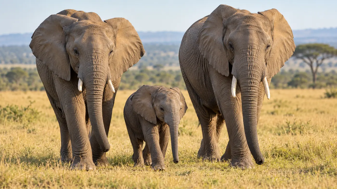 African elephant calf walking between two adult females