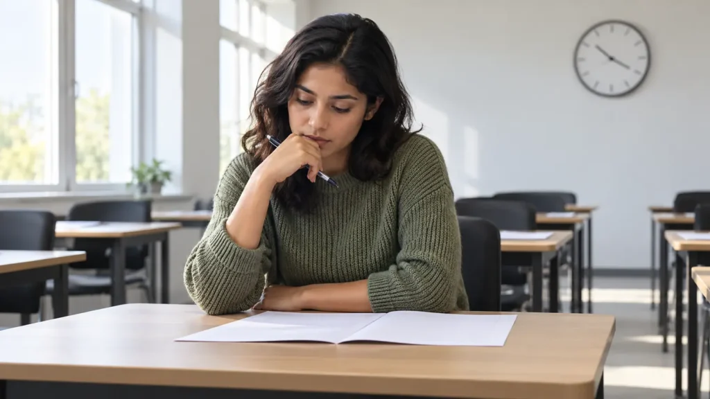Woman sitting with a blank exam paper in a quiet classroom