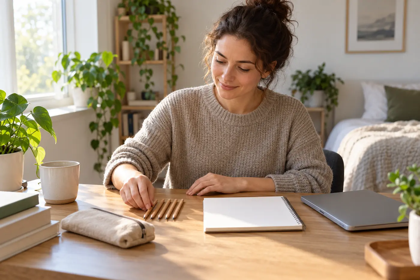 Woman arranging pencils beside a blank notebook and laptop