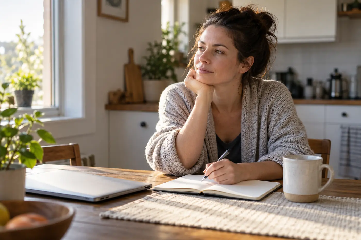 Adult writing notes about a recurring exam dream at a kitchen table