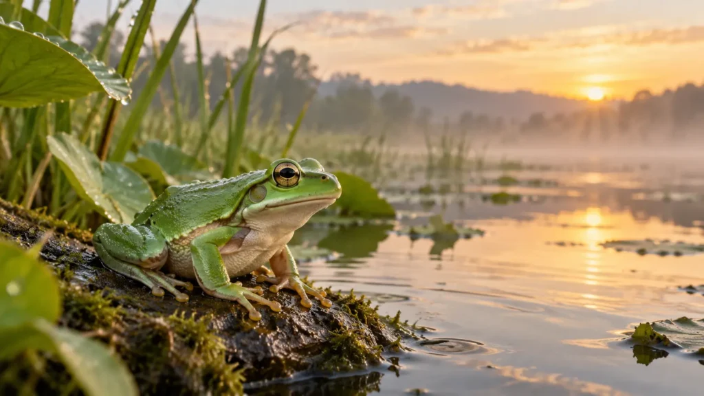 Green tree frog resting at the edge of a pond at sunrise