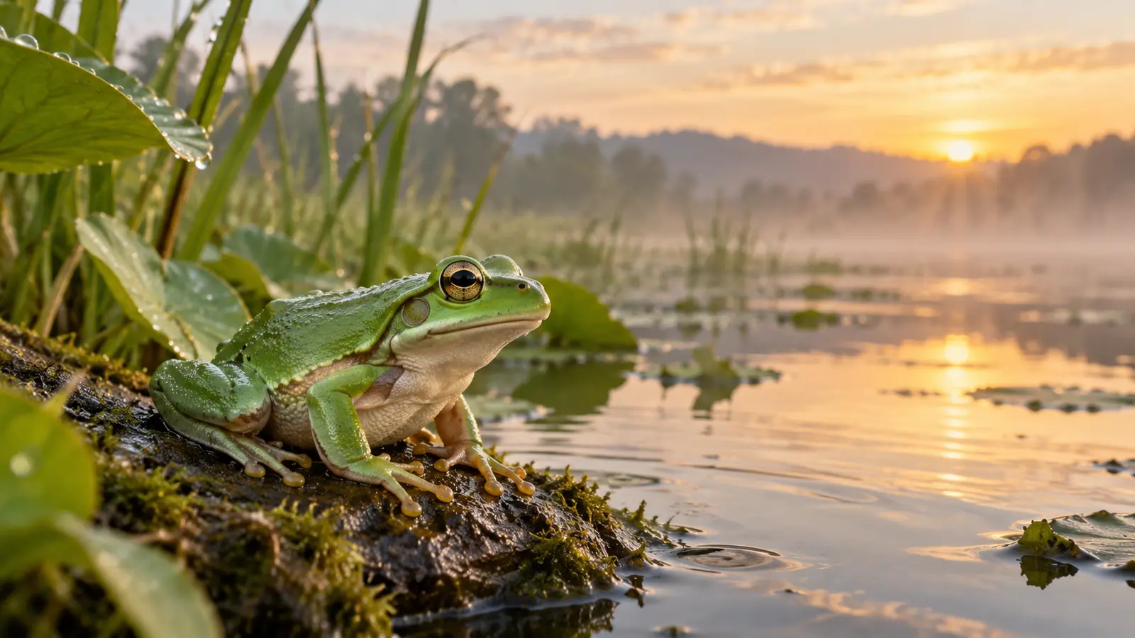 Green tree frog resting at the edge of a pond at sunrise