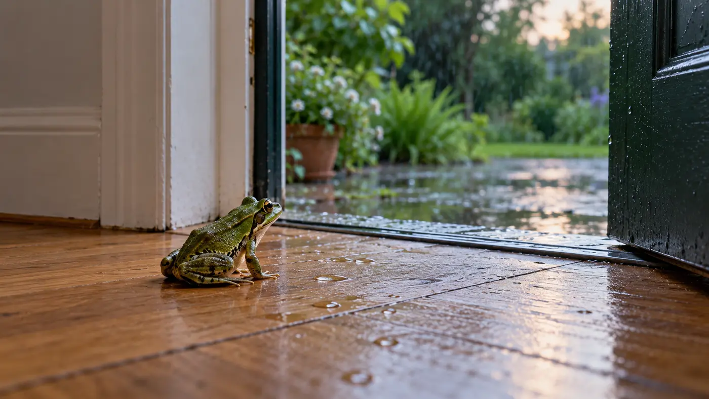 Green frog sitting on a wooden floor beside an open garden doorway after rain