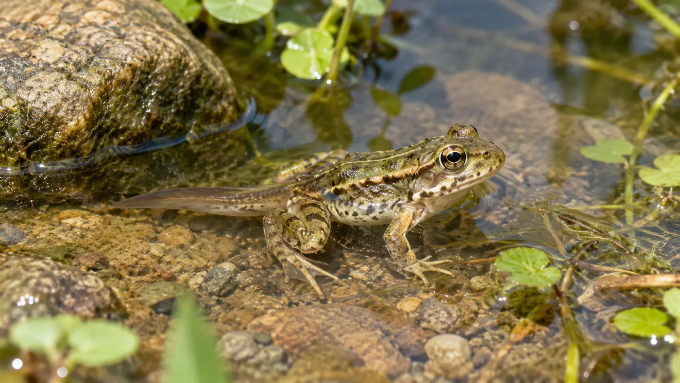 Froglet with four legs and a small remaining tail at the edge of a pond