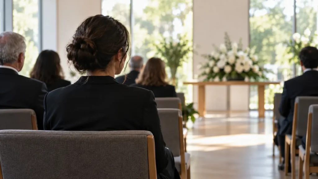 Mourners seated quietly during a simple memorial service