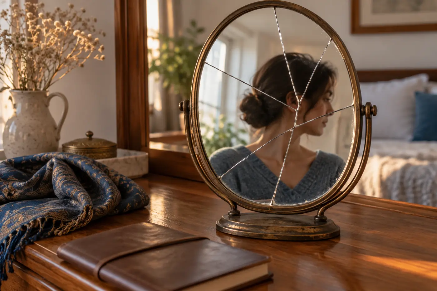 Cracked tabletop mirror reflecting a calm woman in a quiet bedroom