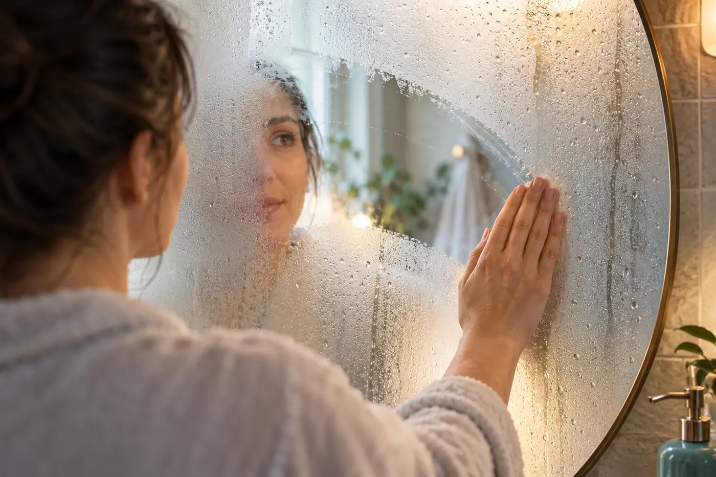 Woman clearing condensation from a bathroom mirror to reveal part of her reflection