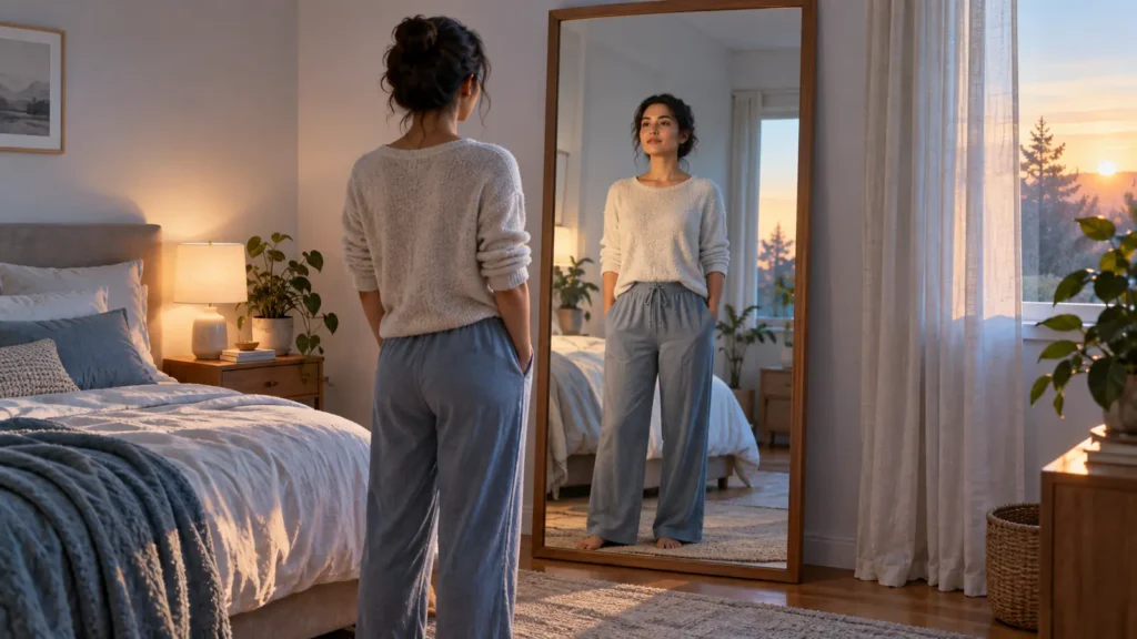 Woman facing a mirror whose reflection stands with a subtly different posture